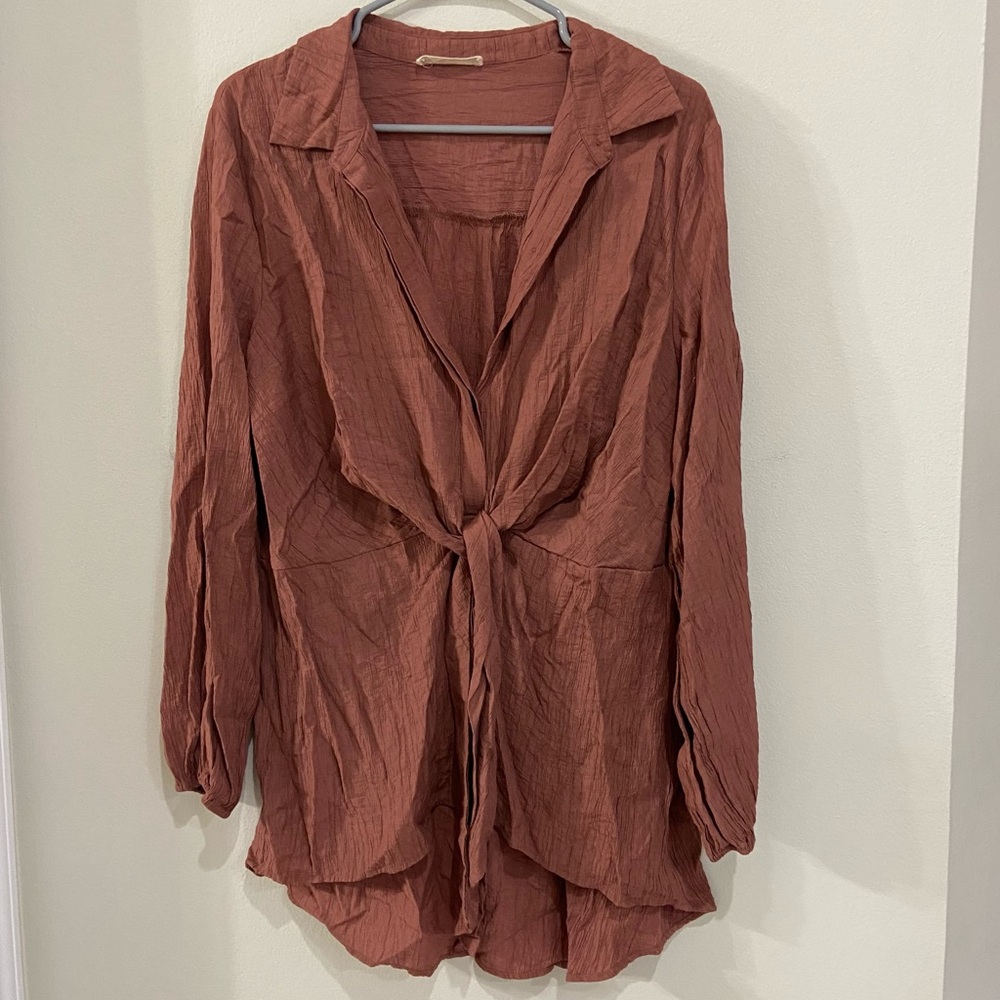 Anthropologie La’ Ven mauve pink tie front blouse
